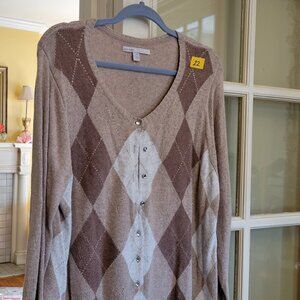 Women's argyle sweater, Brown & Beige Glitter Accents, V-neck, long sleeve, butt